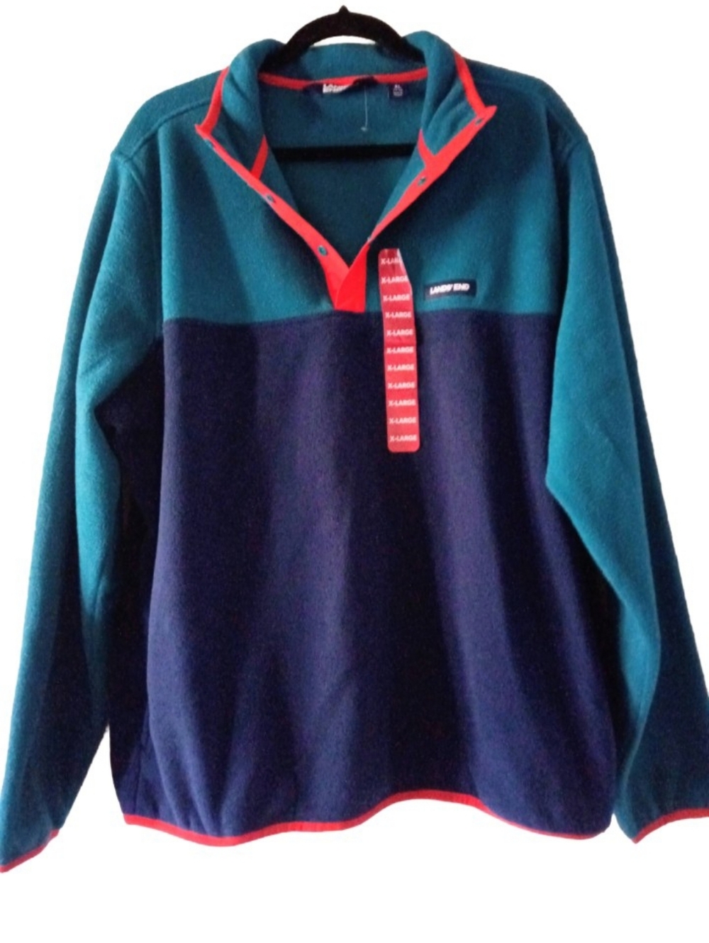 Lands End Mens Teal And Navy Quarter Snap Fleece Pullover Size XL NWT